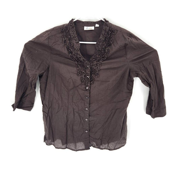 D & Co Womens Blouse Brown 3/4 Sleeve Button Cuff Notch Neck Ruffle Front L - Picture 1 of 5